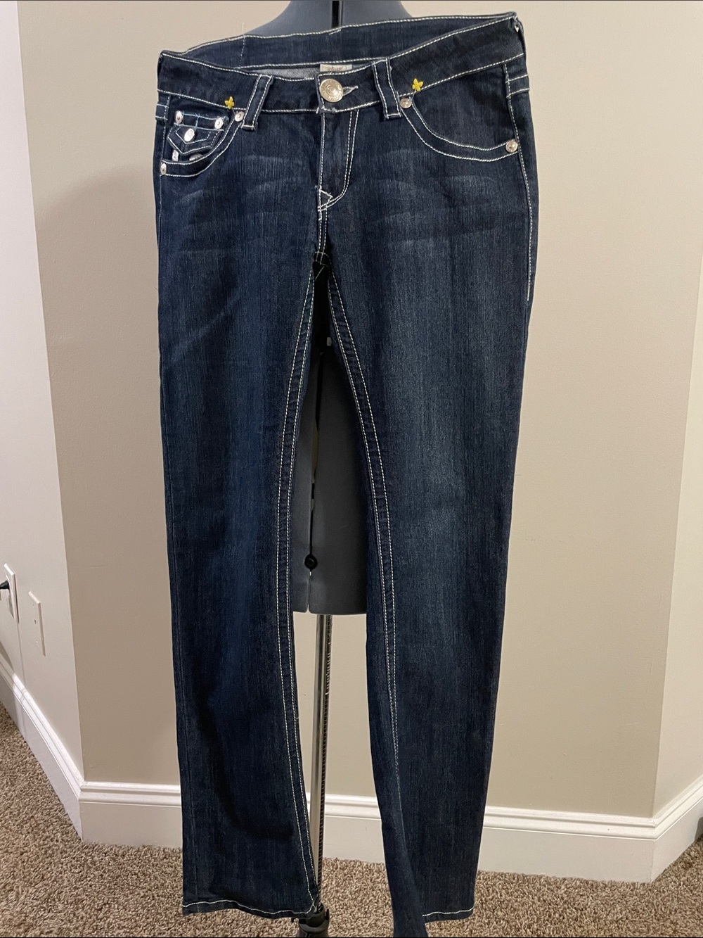 True Religion Skinny Jeans in Dark Indigo with White Stitching